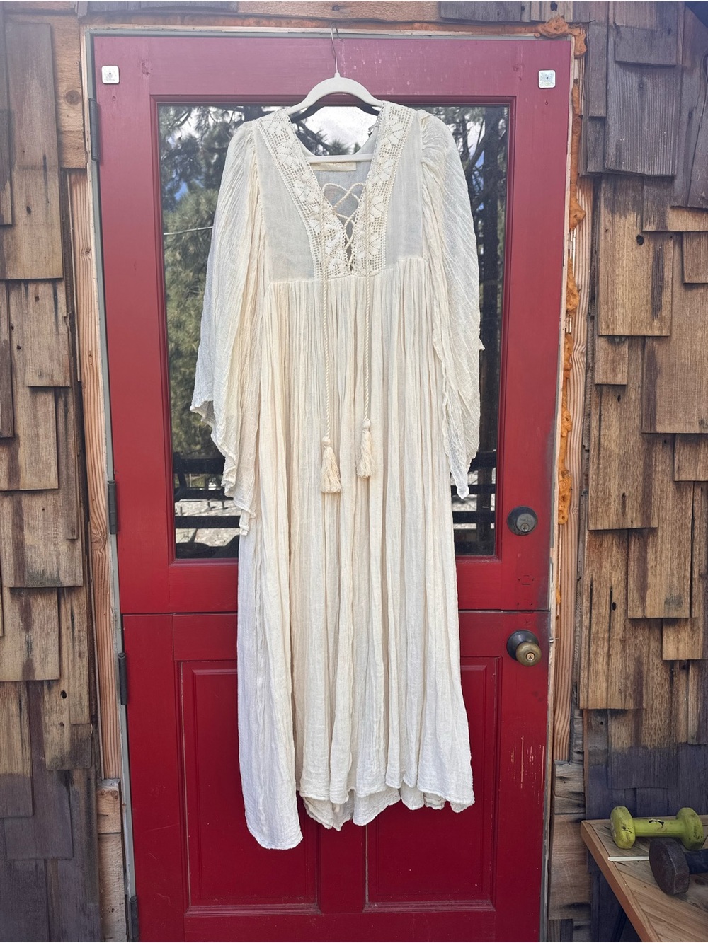 Jen's Pirate Booty Cream Lace-Front Maxi Dress with Tassel Ties